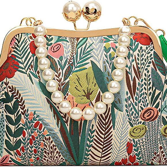 Vintage Floral Embroidered Top Handle Small Clutch Crossbody Purse Women - Picture 1 of 9